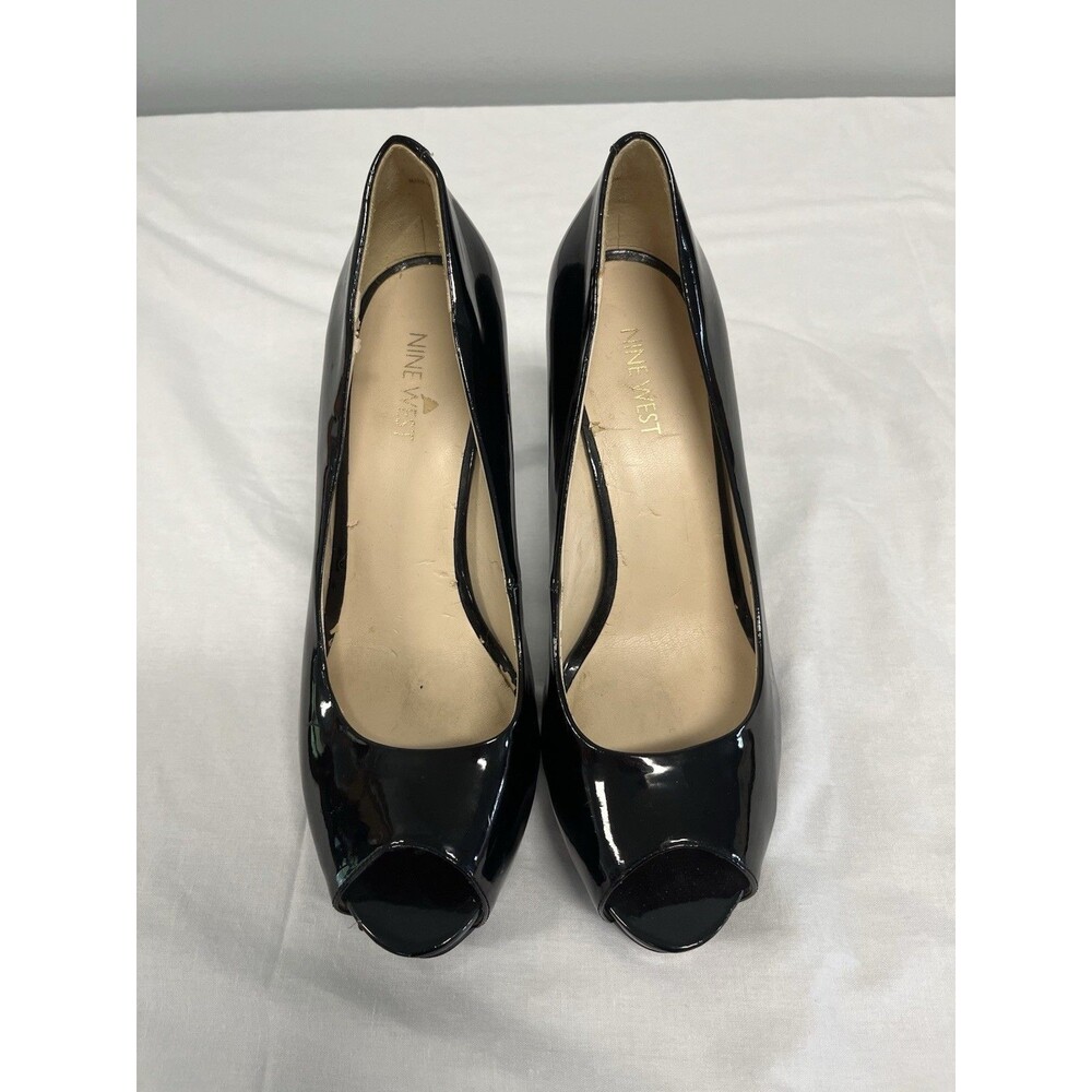 Nine West Women’s Black Patent Leather Peep Toe Slip On Pumps US 9M